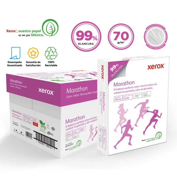 Papel Bond Xerox Marathon Carta 70 g/m² 99% de Blancura Caja con 10 Paquetes de 500 Hojas c/u
